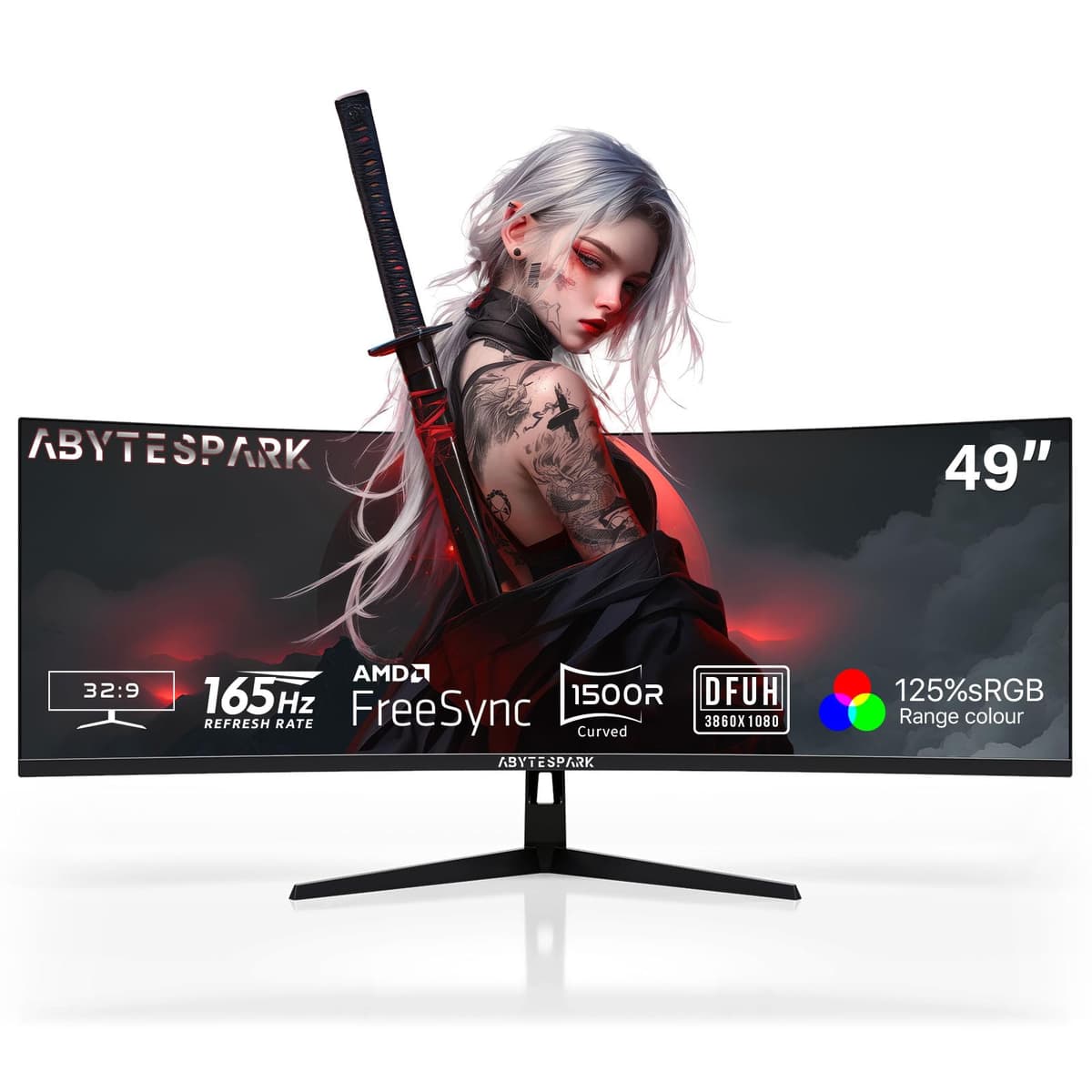abytespark Monitor Curvo Ultrawide 49" 4K (3840×1080) 1500R, 144/165Hz, 125% sRGB, HDMI 2.1 y DP 1.4, Ajustable y VESA 49"4K165Hz