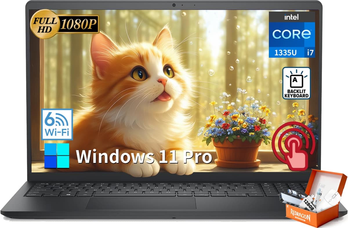 Dell Laptop táctil 15 DC15250, pantalla FHD antirreflejo de 15.6", procesador Intel Core i7-1355U, 32 GB RAM, SSD de 1 TB, gráficos Intel UHD, teclado retroiluminado, lector de huellas, Windows 11 Pro LDC15250-7982BLK-PUS