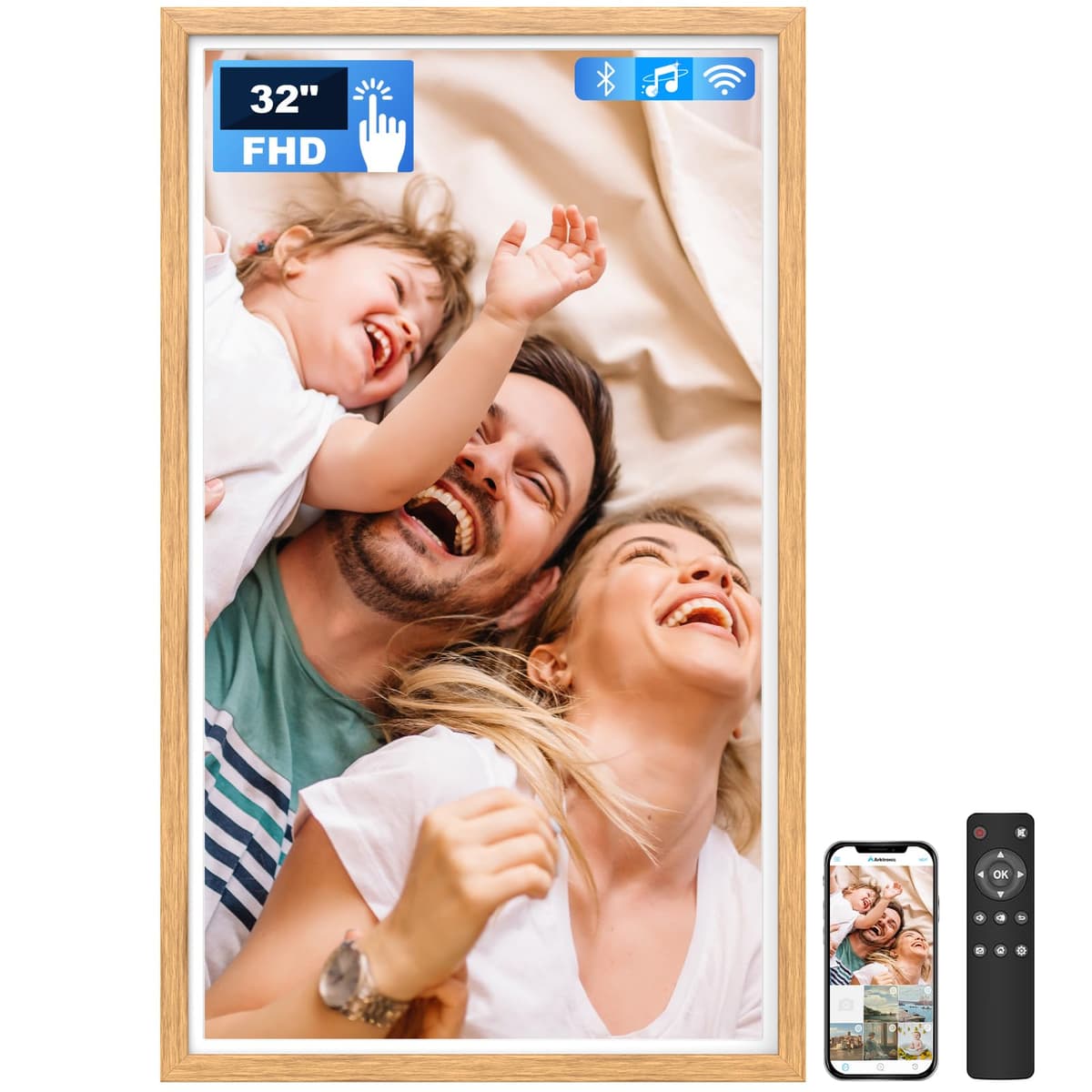 Arktronic Portarretrato Digital Táctil FHD Extra Grande de 32 Pulgadas, 64GB IPS FHD WiFi, Control Remoto, Compartir Fotos/Videos por App y Email, Rotación Automática, Patrón Madera