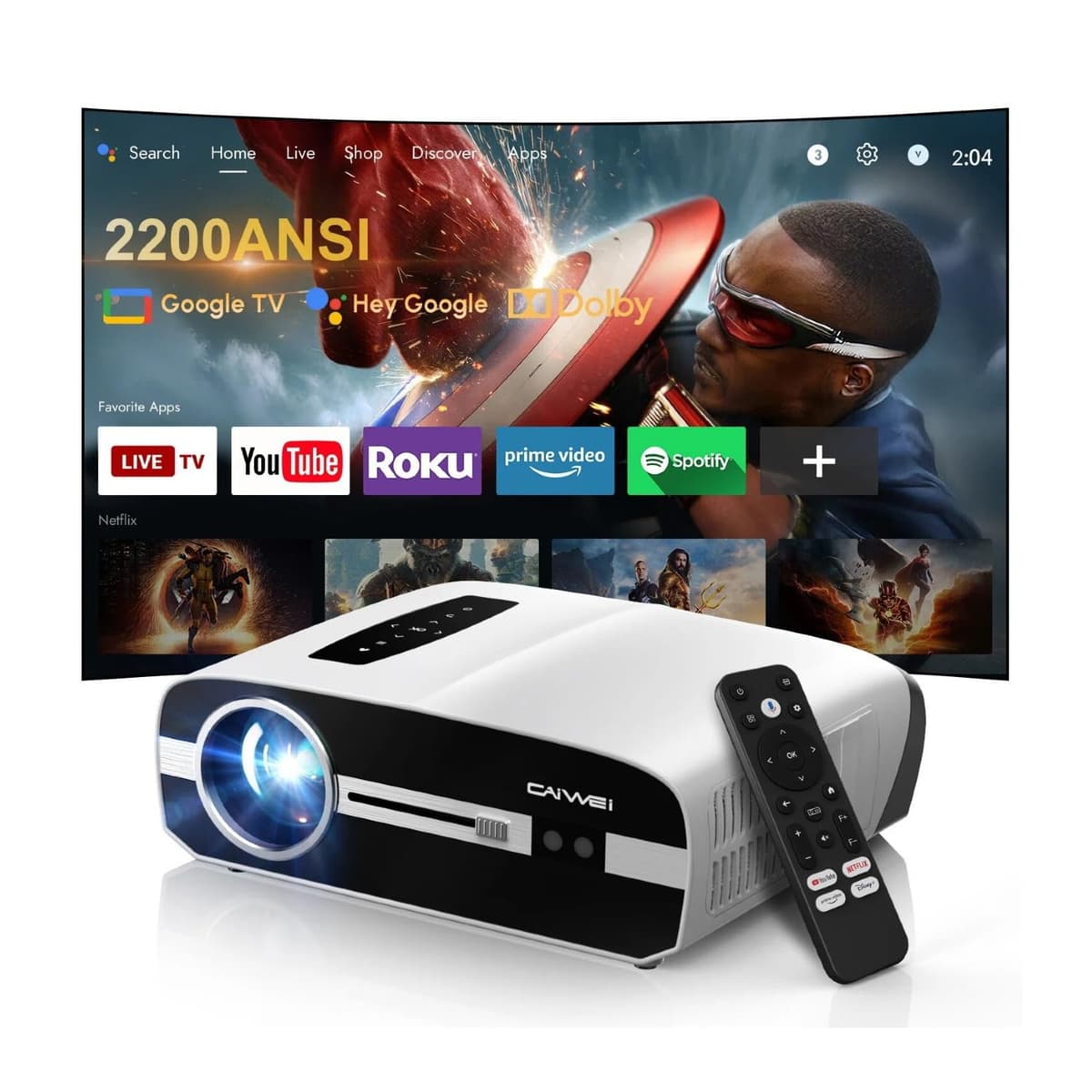 CWEUG Proyector Google TV 4K 2200 ANSI - WiFi6, enfoque automático ToF+CMOS, Dolby Audio A9