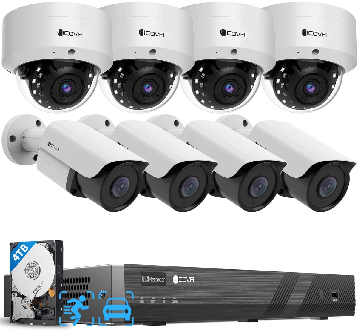Forcovr 4COVR Sistema de Cámaras de Seguridad PoE de 16 Canales para Negocios, Detección de Personas y Vehículos, NVR 4K con HDD de 4TB, 4 Cámaras Domo Antivandálicas IK10 y 4 Cámaras Tipo Bala 5MP Cableadas IP67 para Exteriores, Acceso Remoto, LYH54A5M1608