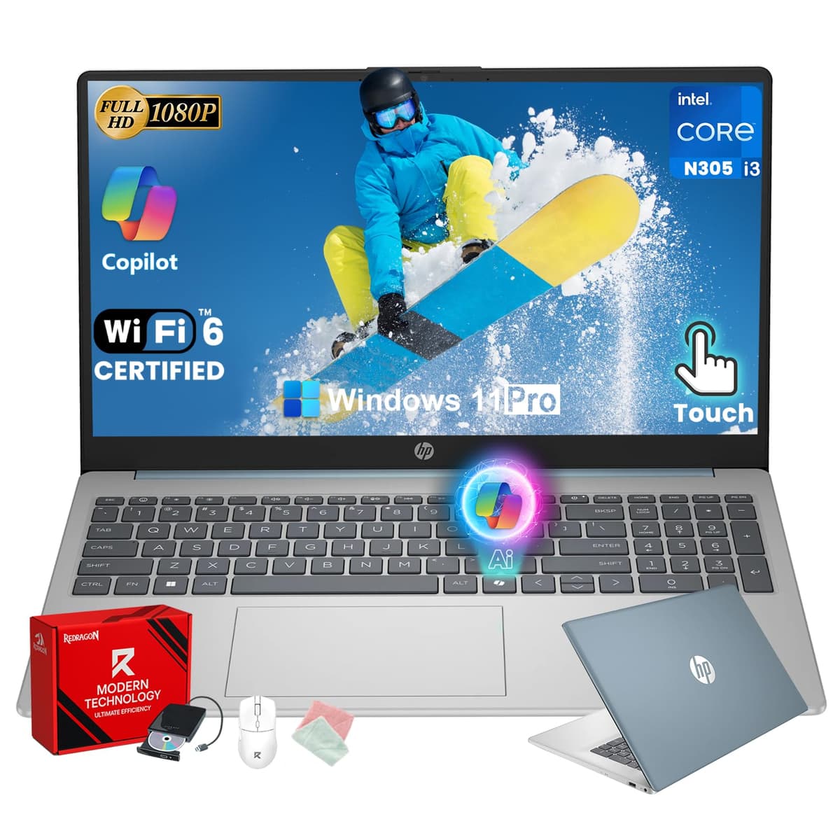 HP computadora portátil táctil de 15.6 pulgadas - 15.6'' FHD antirreflejo táctil • 16GB RAM, 512GB SSD • Intel i3-N305 de 8 núcleos • Windows 11 Pro • AI Copilot • WiFi 6 • Larga duración de batería • Portátil para negocios (Azul) HP laptop