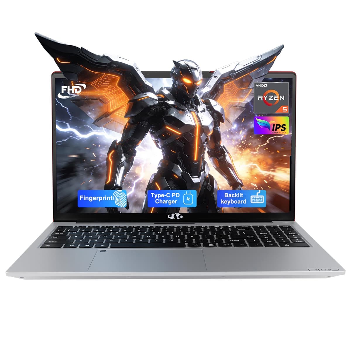 NIMO 15.6'' IPS FHD Laptop, 16GB RAM 512GB SSD AMD Ryzen 5 (Mejor que i5-1135G7, 4 núcleos hasta 3.7GHz) Computadora para estudiantes con USB-C 65W, 2 años de garantía, huella dactilar, teclado retroiluminado, BT5.2, teclado numérico NIMO N152