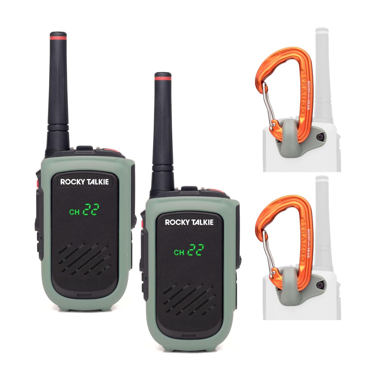 Radio Rocky Talkie Expedition 5 Watt con mosquetón para escalada - Radio GMRS impermeable IP67, walkie talkie de largo alcance, alertas meteorológicas NOAA, 5 días de batería, paquete de 2 unidades 850074531067
