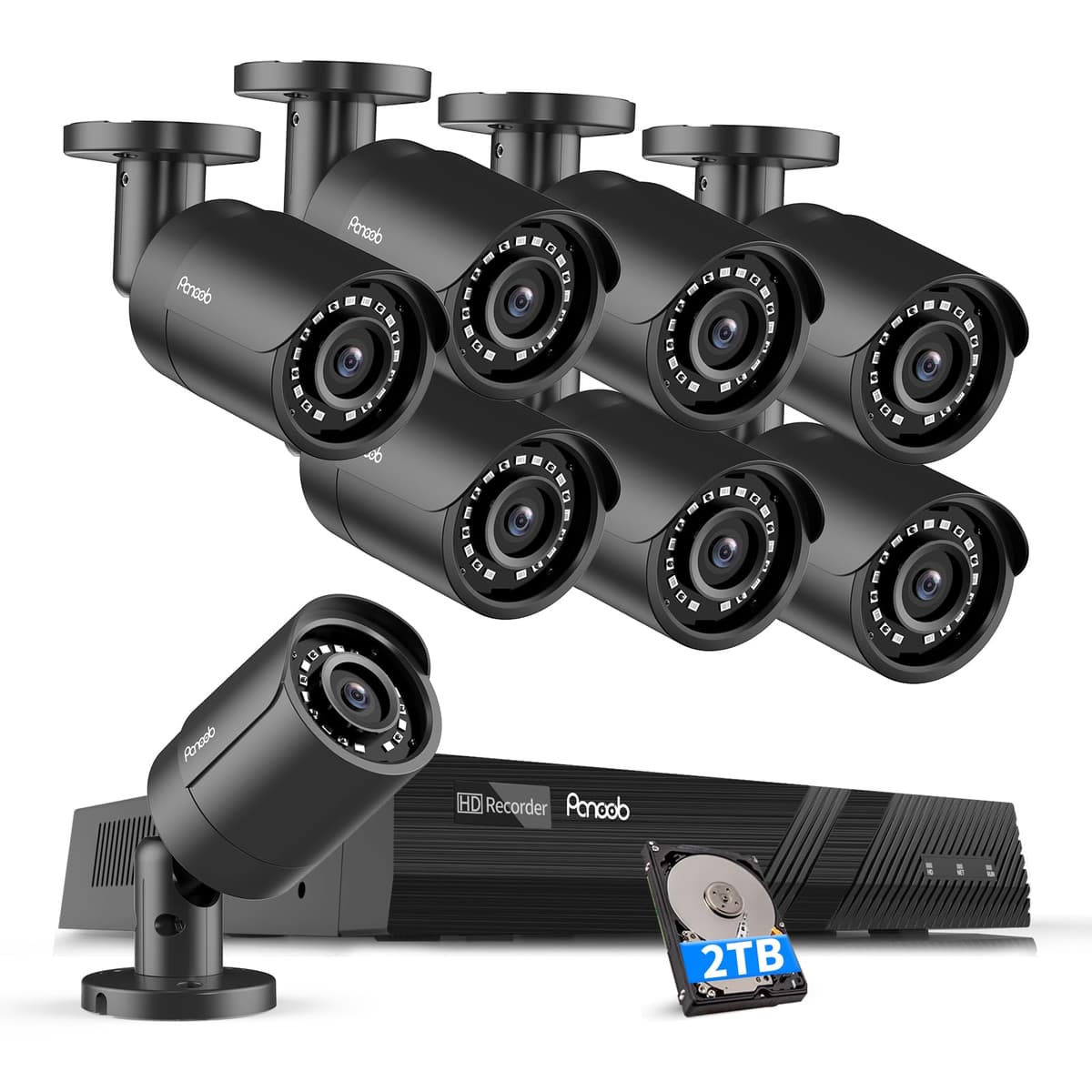 Sistema de cámaras de seguridad PoE PANOOB 4K, 8 cámaras cableadas exteriores IP PoE 8MP con detección AI de personas y vehículos, acceso remoto, micrófono integrado, NVR 4K de 8 canales 2TB HDD, PB37F30808-8M