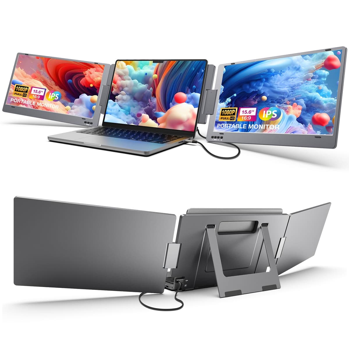 KYY Pantalla Externa Portátil Extensor Triple para Laptop, 15.6" 1080P FHD IPS, Monitor de Viaje USB-C de Un Solo Cable para Laptops de 12-17.3", Rotación 360° y Soporte X90D-Grey