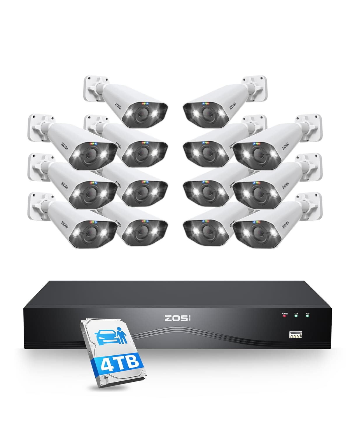 ZOSI 24CH NVR Spotlight PoE con 14 cámaras 4K, 4TB HDD, detección IA y audio bidireccional 168B4-1828W14-US