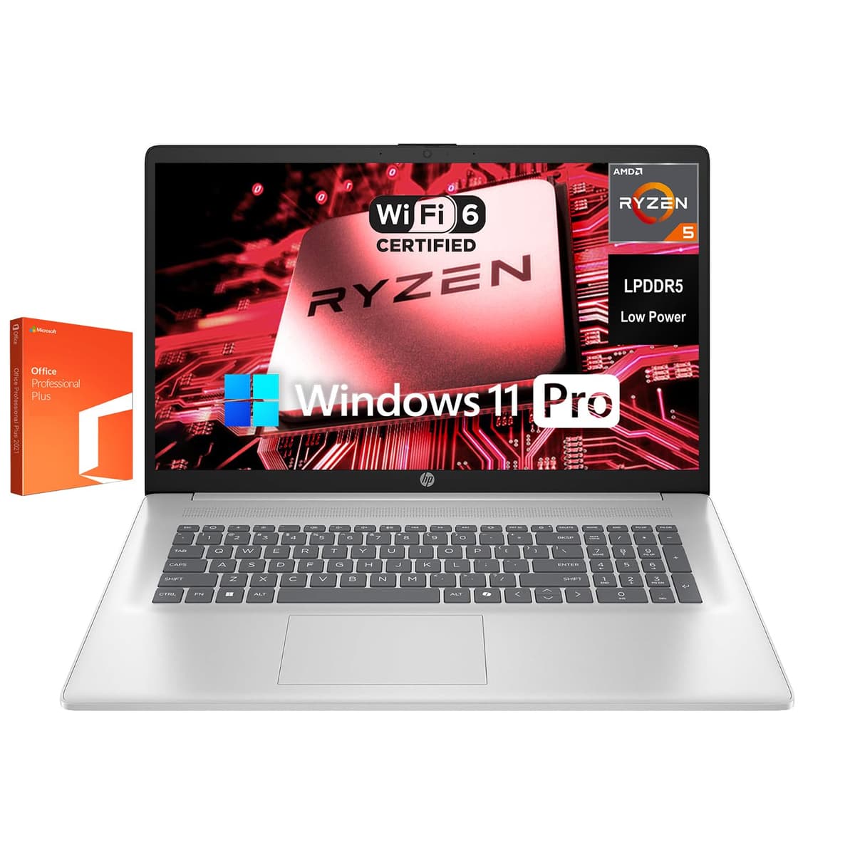 HP 17.3" FHD Portátil para Estudiantes y Empresas | AMD Ryzen 5 7520U | 8GB LPDDR5 | 512GB SSD | Wi-Fi 6 | Microsoft Office | Windows 11 Pro | Plateado FD0025-Silver