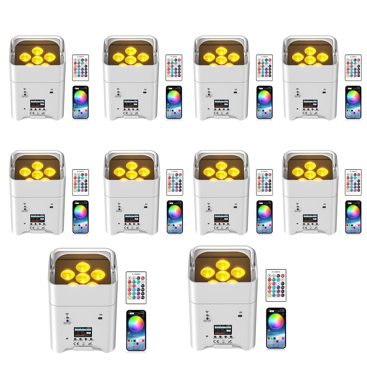 DazzlingStage 9600mAh Uplights inalámbricos 10 pack, 6x18W RGBWA UV, control APP/DMX512, recargables LHQ-ZQ01529X10US-GYY