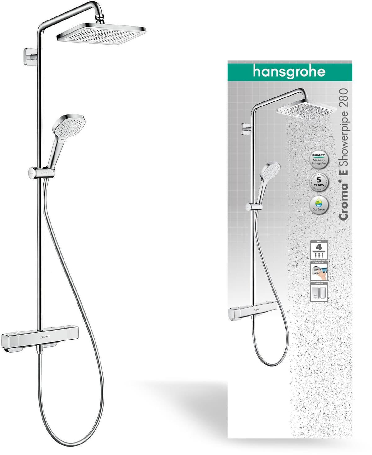 hansgrohe Ecostat 27660000 Juego de ducha con termoestato y accesorios, EcoSmart 9 L/min