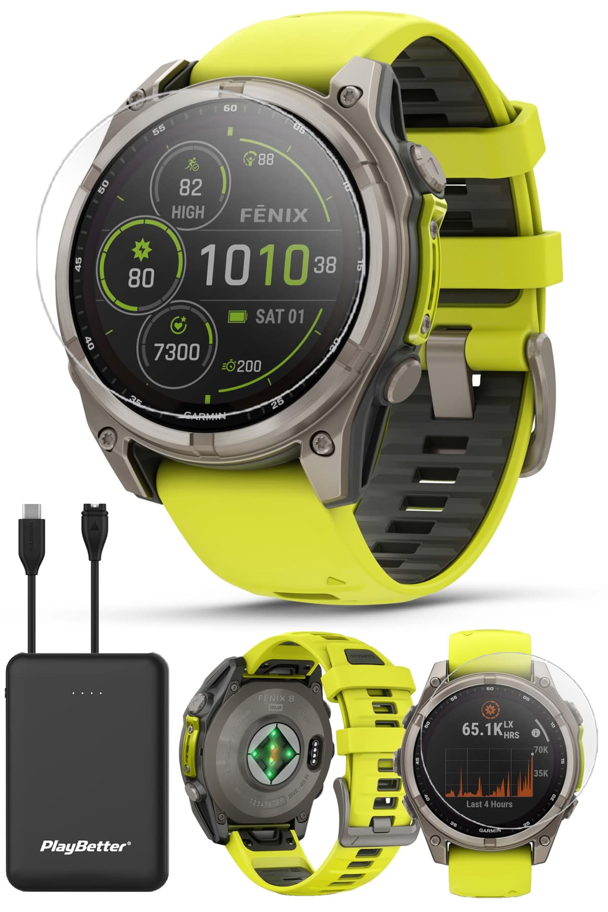 PlayBetter Garmin Fenix 8 Solar Sapphire (47mm, Titanium/Amp Yellow) Multisport GPS Smartwatch Bundle - 1.4” Touchscreen, Linterna LED, Cargador Portátil y Protectores de Pantalla 010-02906-20 (Watch) | Z05 (Charger)