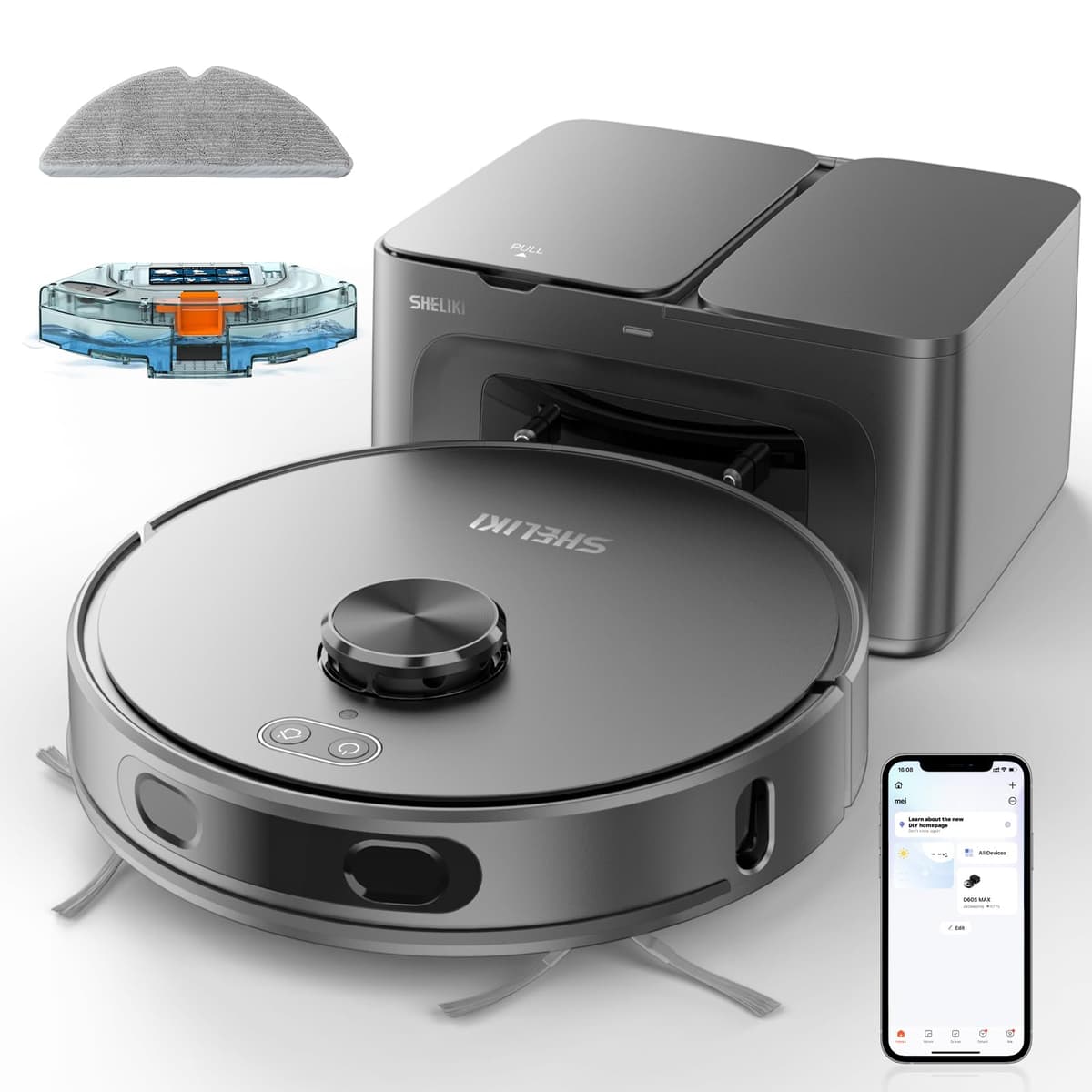 Robot aspirador y trapeador 3 en 1 SHELIKI D60S MAX con base de autovaciado 70 días, LiDAR 360°, 6000Pa D60S MAX Gray