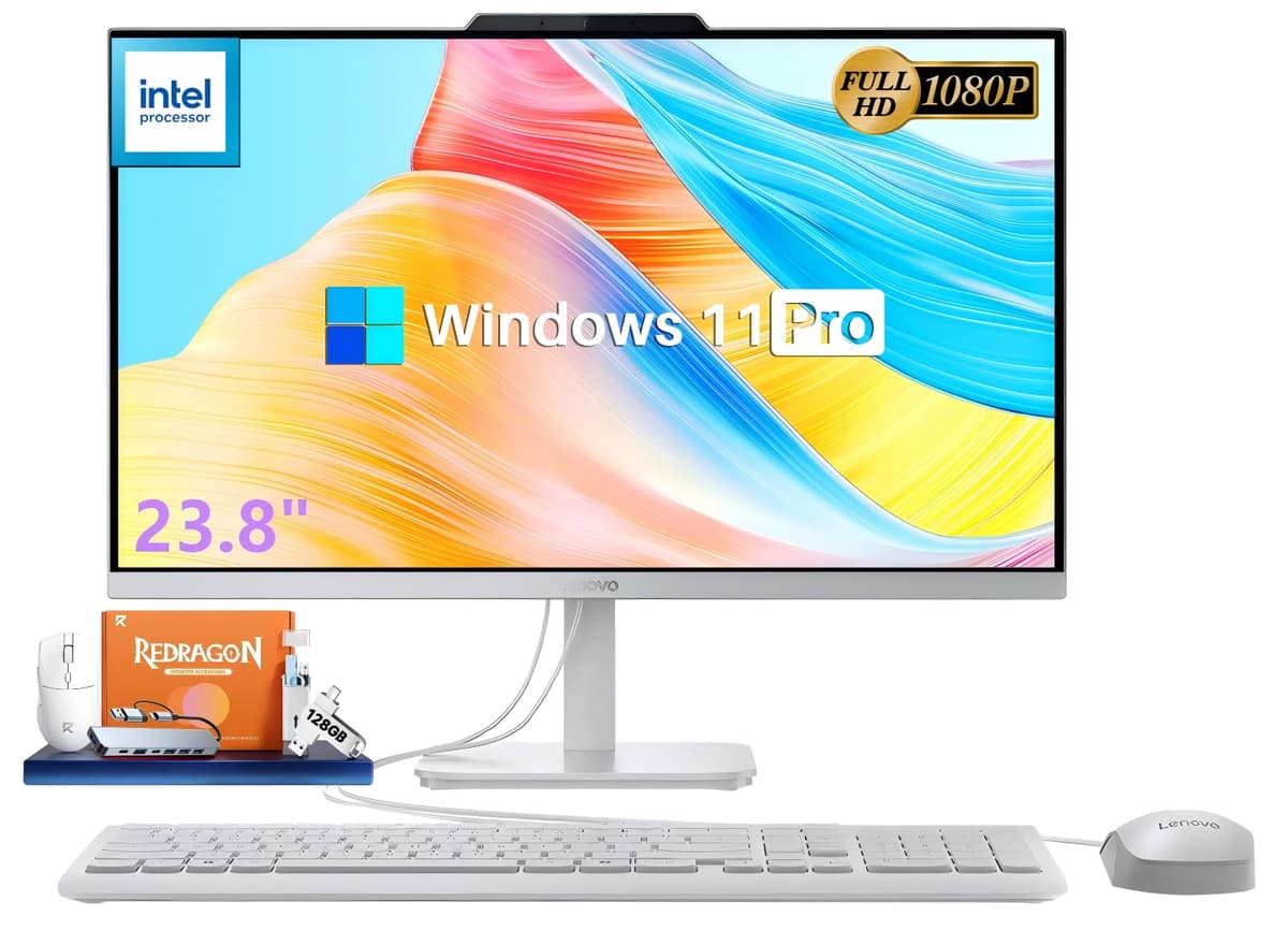 Lenovo A100 computadora de escritorio todo en uno 23.8" FHD, procesador Intel N100, 32 GB RAM, SSD 2 TB, Windows 11 Pro, Wi-Fi 6, Bluetooth, cámara web integrada, HDMI, teclado y mouse con cable, PC empresarial AIO F0J6003EUS