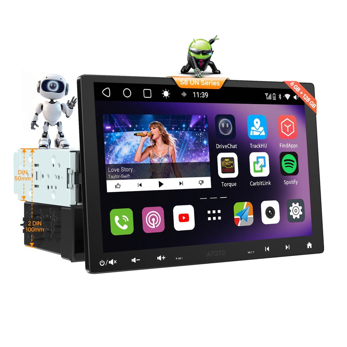 ATOTOMOVE S8 Ultra 10.1" Doble y Simple Din Estéreo Android para Auto con Pantalla Táctil QLED Flotante, 6+128G CarPlay Inalámbrico Android Auto Radio con ChatGPT, 4G Integrado, DSP y SCVC, Doble Bluetooth A5LG110PT