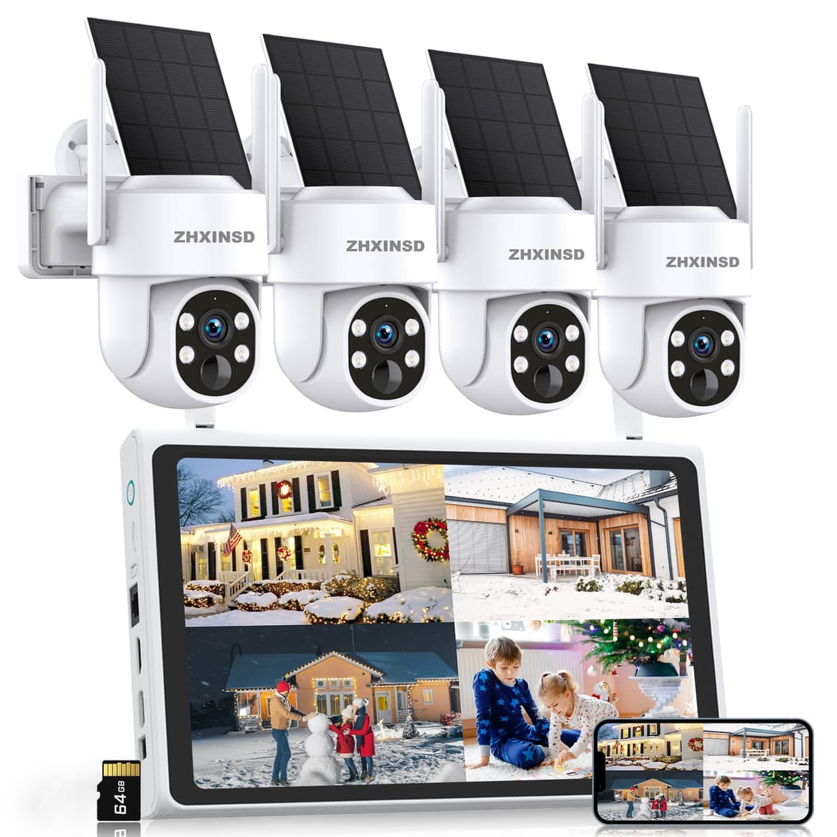 Cámaras de Seguridad Solares ZHXINSD Inalámbricas para Exteriores, Sistema de Cámara de Seguridad para el Hogar 4MP FHD con Batería y Monitor de 10", Kit de 4 Cámaras, Vista 360°, Visión Nocturna a Color, Detección de Movimiento, Compatible con Alexa SL-GCPZ1044M-101N-02H