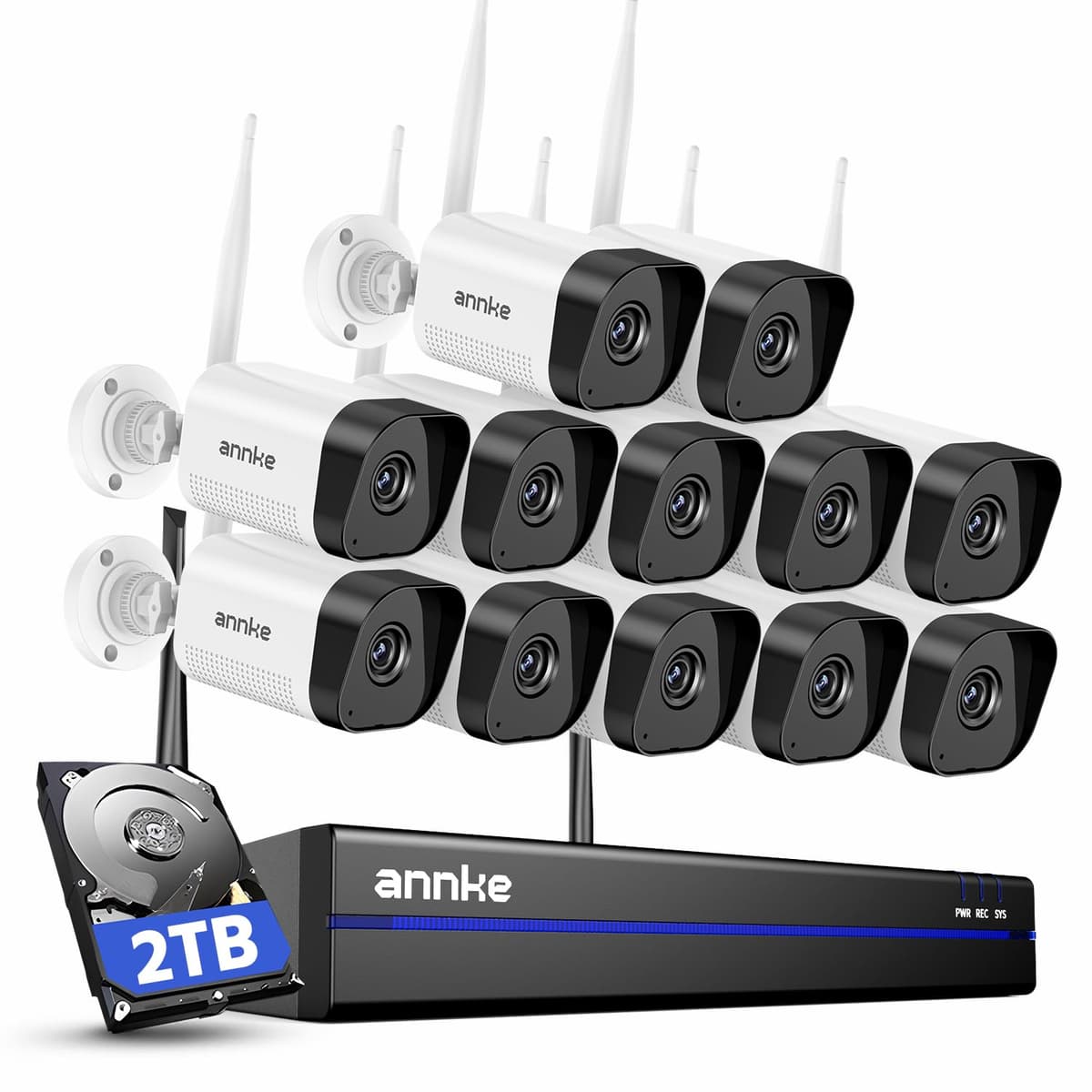 Sistema de Cámaras de Seguridad Inalámbricas ANNKE con Disco Duro 2TB, NVR WiFi 4K de 16 Canales, 12 Cámaras CCTV 3MP para Hogar Interior/Exterior, Audio Bidireccional, Visión Nocturna, Impermeable IP66, Detección de Movimiento AU-N98WHR2-7CGK-V4-OP#USYH
