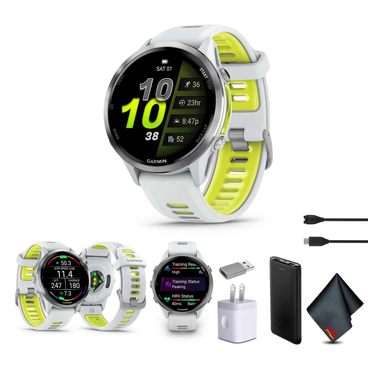 Garmin Forerunner 970 Reloj Inteligente para Correr con GPS, Reloj Fitness para Hombres y Mujeres, Titanio con Caja Whitestone y Correa Whitestone/Amarillo Translúcido Bundle con P-Bank + Más 010-02969-01-AG2-1