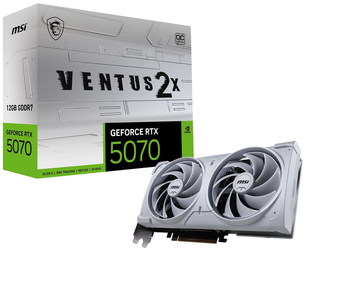 msi Gaming RTX 5070 12G Ventus 2X OC White Tarjeta de Video (12GB GDDR7,192 bits, Rendimiento Extremo: 2557 MHz, DisplayPort x3 2.1a, HDMI 2.1b, Arquitectura NVIDIA Blackwell) G5070-12V2CW