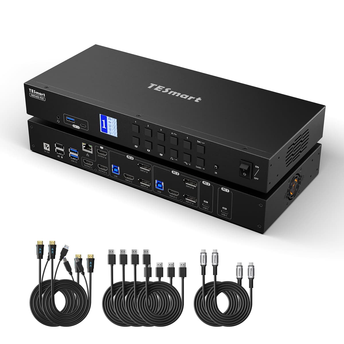 TESmart KVM 4 puertos para triple monitor con USB-C PD 60W, 4K@60Hz y Ethernet HDC403-P23-N-USBK
