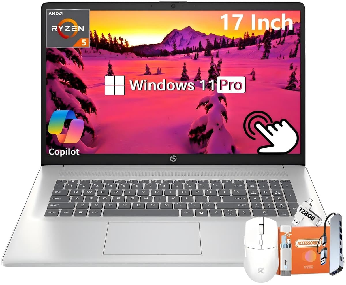 HP 17.3" Touchscreen para Negocios, AMD Ryzen 5 7430U de 6 núcleos, 64 GB RAM, 1 TB SSD, GPU AMD Radeon, Pantalla HD+, Larga Duración de Batería, Webcam HD, Wi-Fi 6, Copilot AI, Windows 11 Pro, con Accesorios HP Laptop