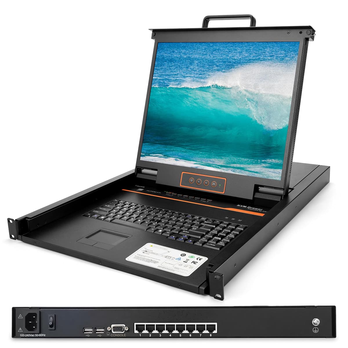 Kinan Consola KVM Rack 1U 8 Puertos Cat5 con Monitor 19", HDMI a RJ45 Dongles, Teclado y Touchpad - Modelo LC1908 Kinan-LC1908-HDMI-RJ45