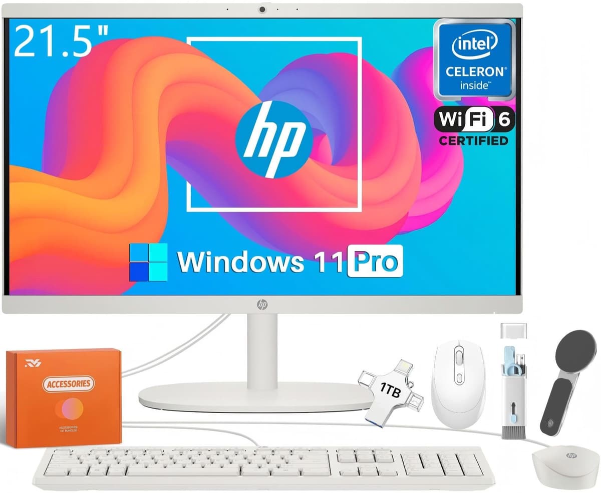Computadora de Escritorio All-in-One HP para Hogar, Intel Celeron J4025, 21.5" FHD Antirreflejo, Wi-Fi 6, 32 GB DDR4, 1 TB SSD, Memoria USB 1 TB, PC para Hogar, Teclado y Mouse Con Cable, Windows 11 Pro, con Accesorios HP All-in-One Desktop PC