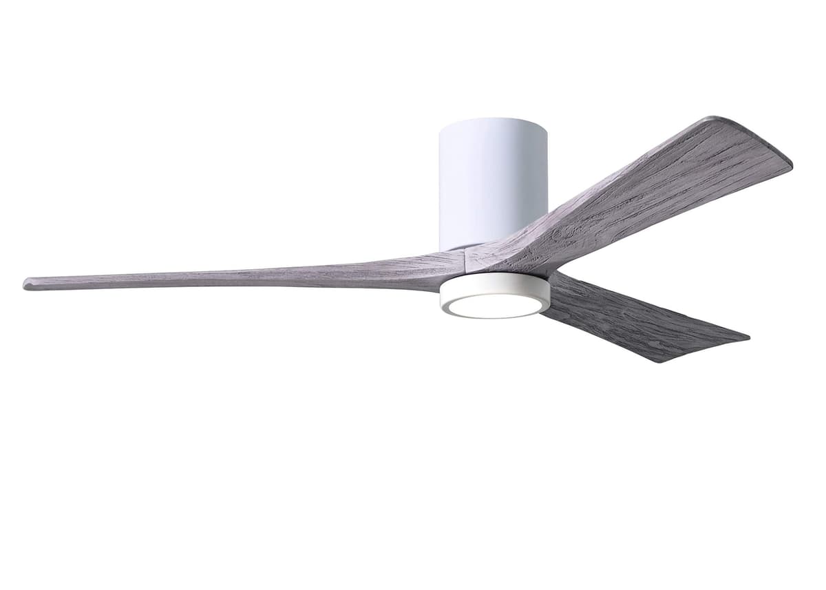 Matthews IR3HLK-WH-BW-60 Irene 60" Damp Rated Flush Mount Ceiling Fan con Luz y Control Remoto y de Pared, Motor DC Silencioso, 3 Aspas de Madera, Blanco Brillante con Tono Barn Wood