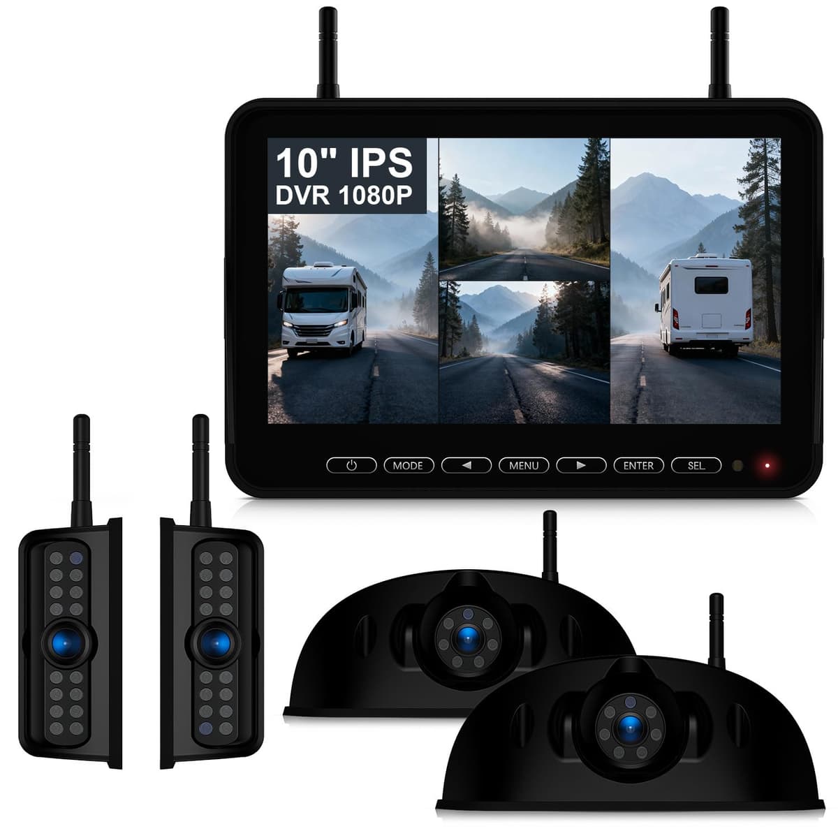 Fookoo HD Sistema inalámbrico de 4 cámaras de respaldo para RV de 10" para Furrion pre-cableado RV/Truck/Trailer, monitor IPS de 10", 2 cámaras laterales y 2 traseras, pantalla dividida, visión nocturna IR, grabación, resistente al agua - D10Y4 DW10Y504