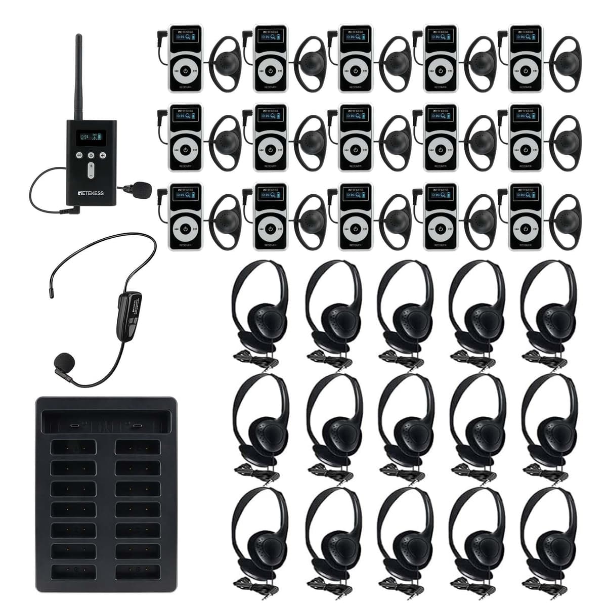 Retekess T130P Sistema guía turístico inalámbrico, reducción de ruido, 328 ft, 1 TX + 15 RX, con auriculares circumaurales