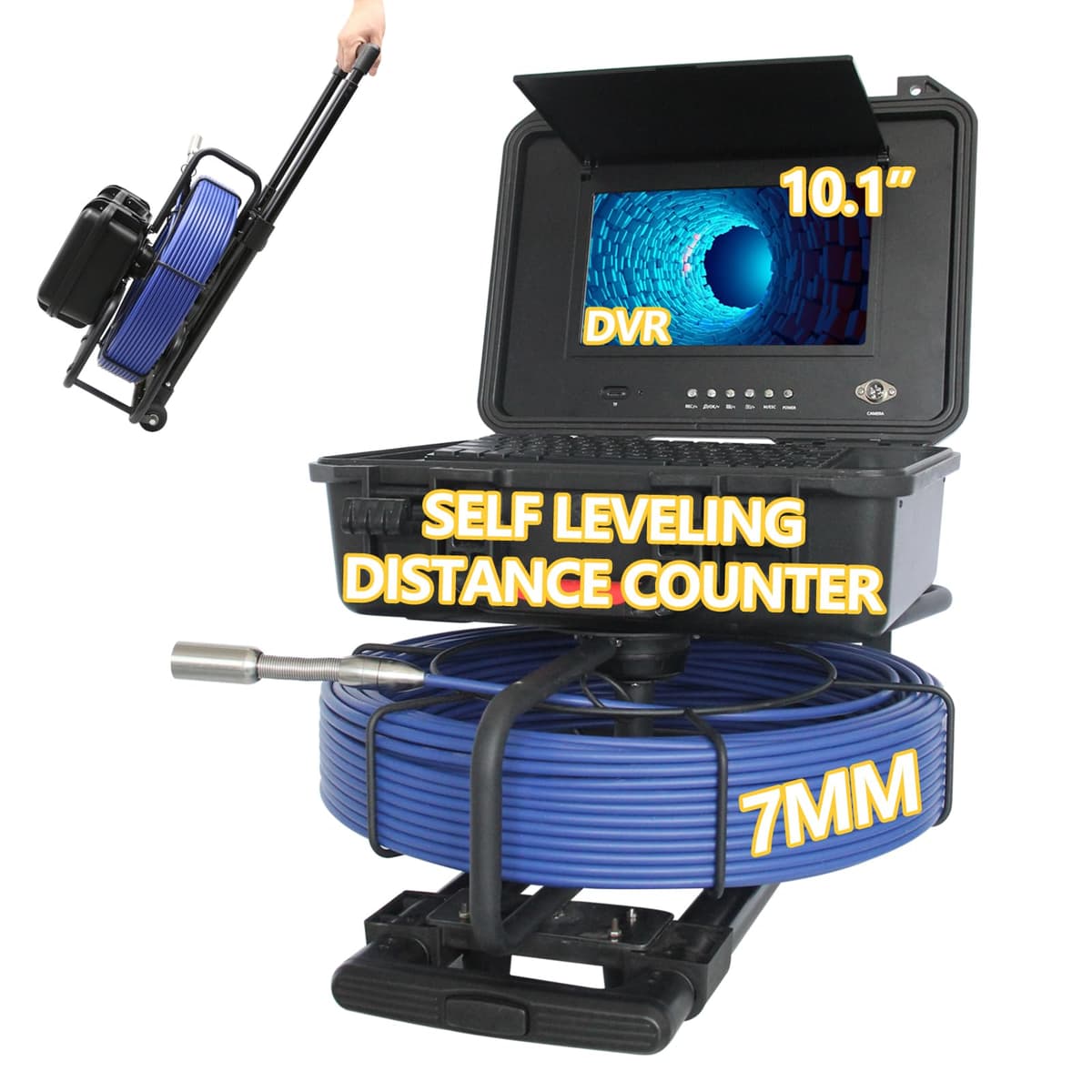 Cámara para drenaje Danculpe con carro, auto-nivel y contador de distancia, pantalla IPS 10" con DVR, cable 20m, 12 LEDs, IP68 10DX1