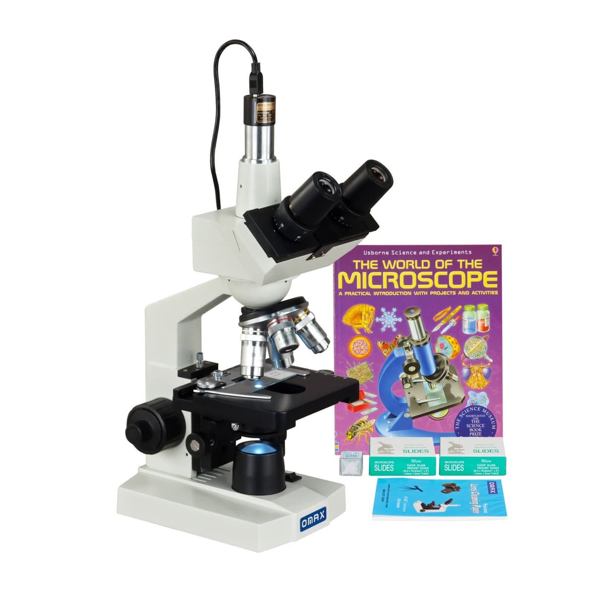 OMAX Microscopio de Laboratorio Trinocular Digital LED 40-2500X + Cámara 5MP + Portaobjetos en Blanco + Cubreobjetos + Papel para Lentes + Manual M83EZ-SCP-WM-C50S