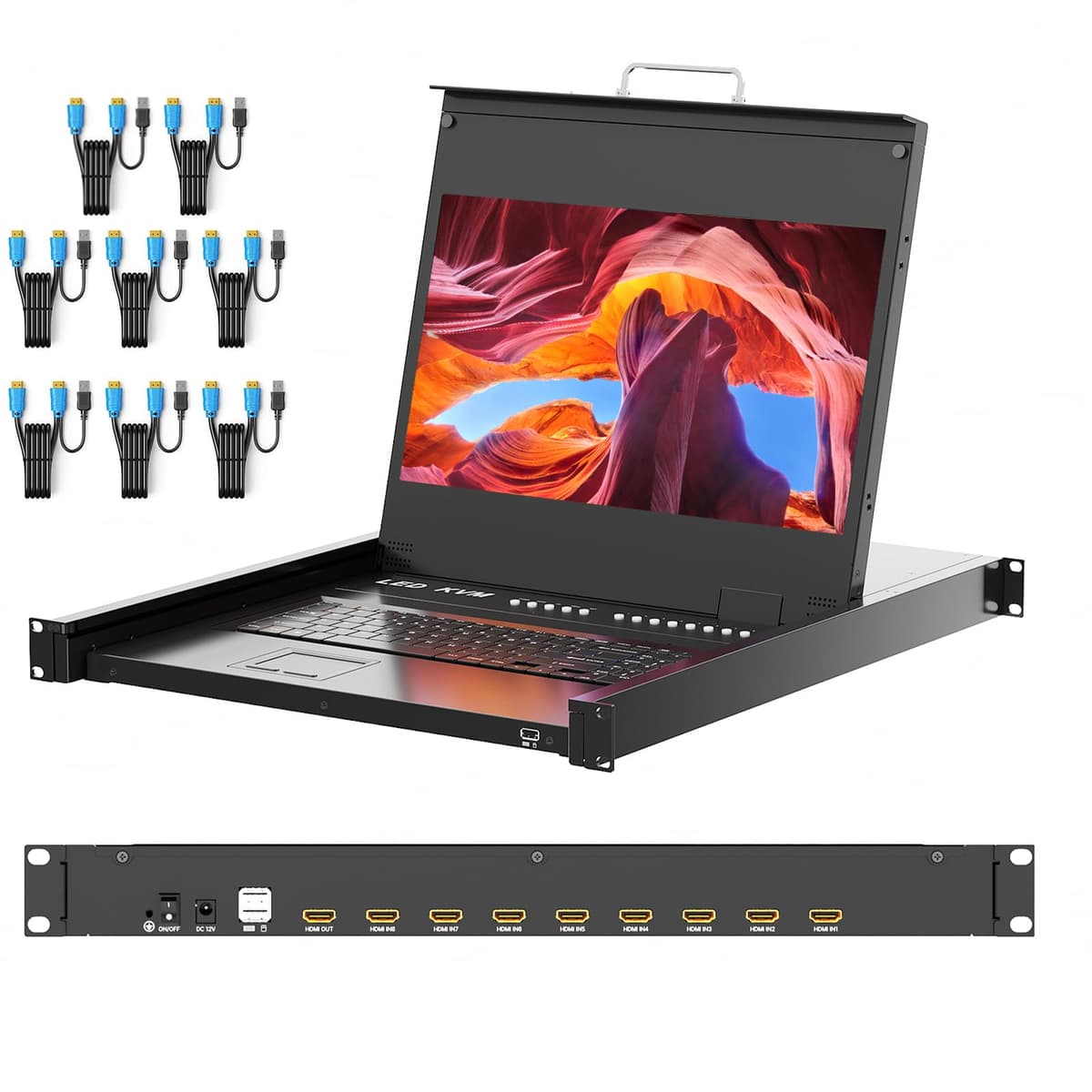 Arvitek 1U KVM Console 17.3" HDMI 8 Puertos con Teclado y Touchpad, 1080P, para Rack 19" (600-810mm) AT-17308HL
