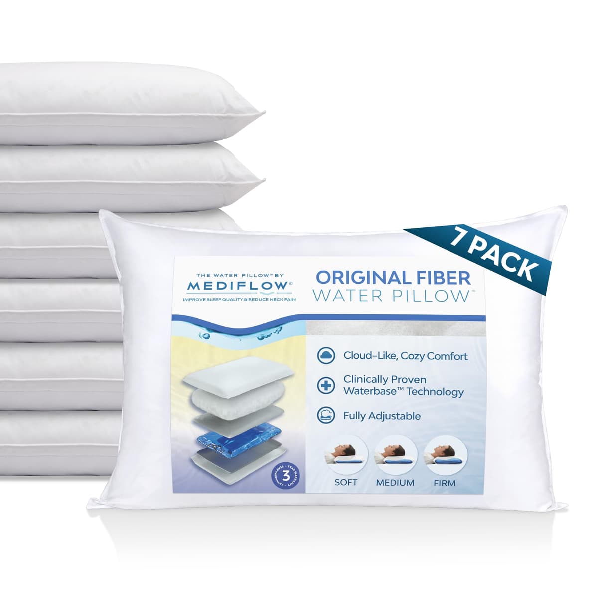 Mediflow Fiber Water Pillow - Almohada de cama ajustable para alivio del dolor de cuello, ideal para quienes duermen de lado, boca arriba y boca abajo, clínicamente probada para comodidad y soporte (7 almohadas)
