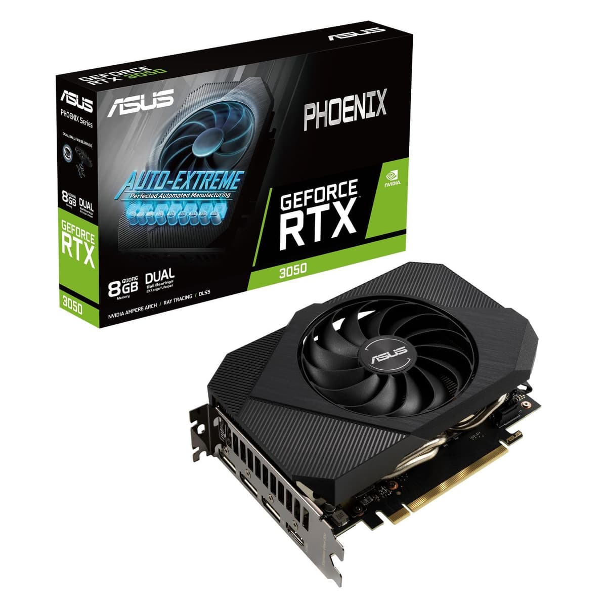 Tarjeta de Video ASUS Phoenix NVIDIA GeForce RTX 3050 para Juegos - PCIe 4.0, 8GB GDDR6, HDMI 2.1, DisplayPort 1.4a, Diseño de Ventilador Axial-tech, Placa Trasera Protectora, Rodamientos de Bolas Dobles, Auto-Extreme 90YV0HH2-M0AA00
