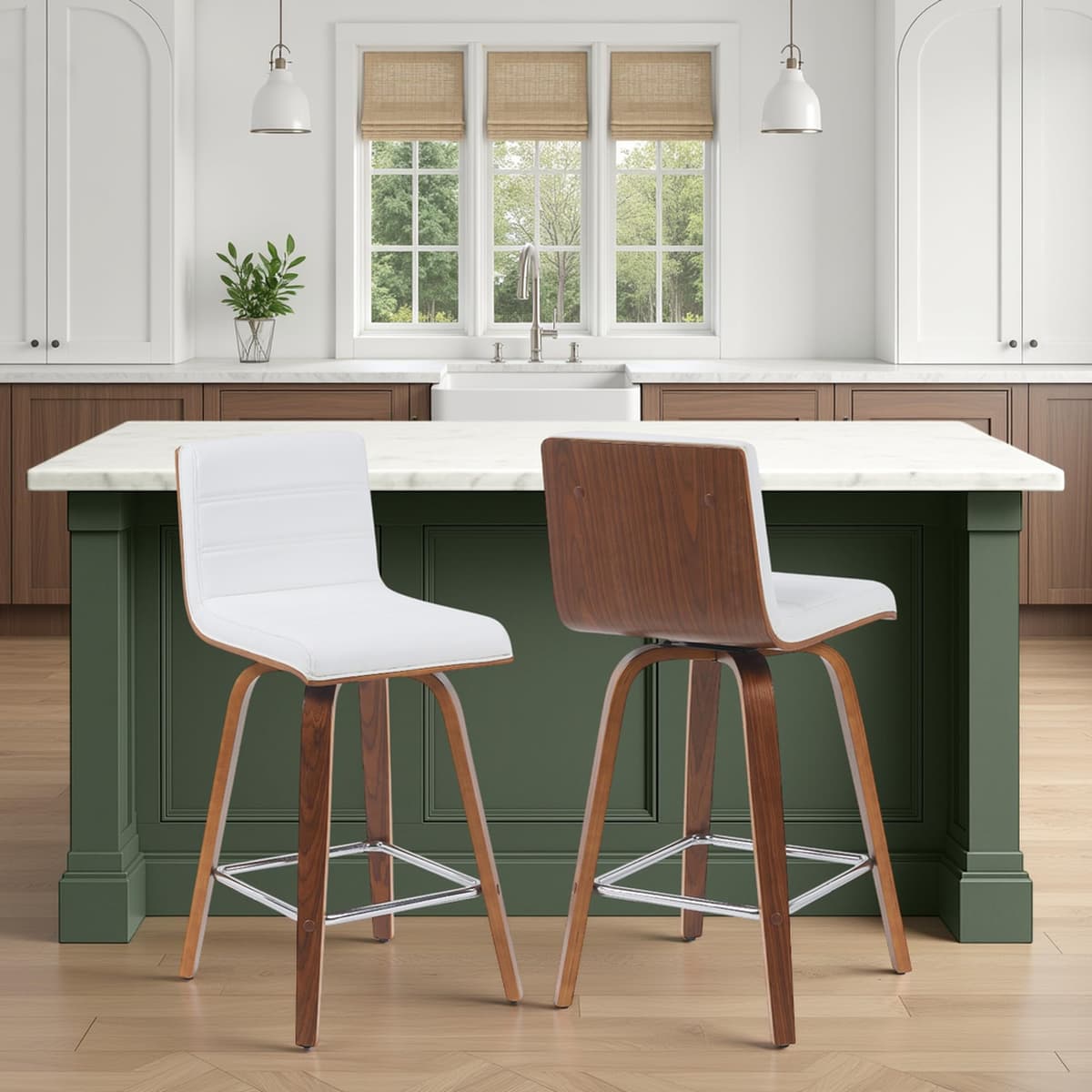 Armen Living Taburete de Barra Giratorio de Altura Mostrador Vienna con Asiento de Cuero Sintético Blanco Nieve y Estructura de Madera en Acabado Nogal Juego de 4 LCVIBAWHWA264PC