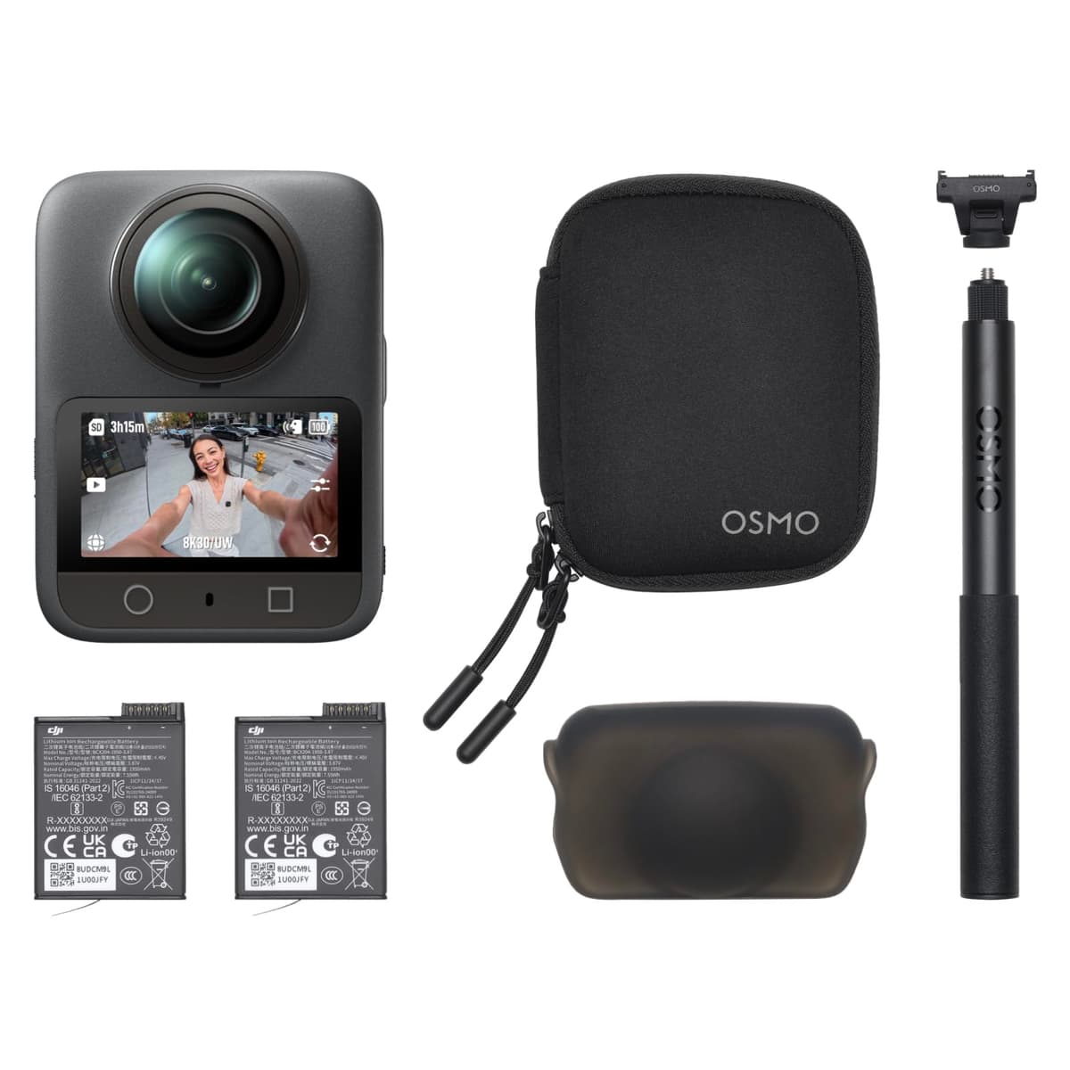 DJI Osmo 360 Essential Combo, Cámara 360 con sensor de 1 pulgada, Video 360° nativo 8K, Video 4K/120fps y Boost 170°, Kit de palo selfie invisible de 1.2 m, Mayor duración de batería con 2 baterías 6937224136489
