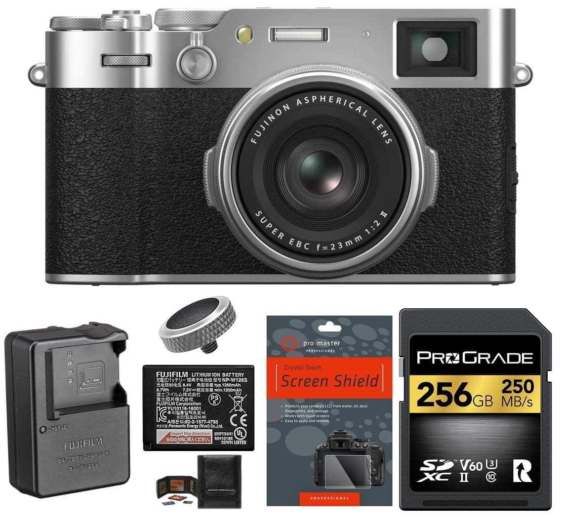 FUJIFILM X100VI Cámara Digital Bundle con 256GB UHS-II, Batería de Repuesto y Accesorios (Silver) FJX100VI-256GOLD-7PCS