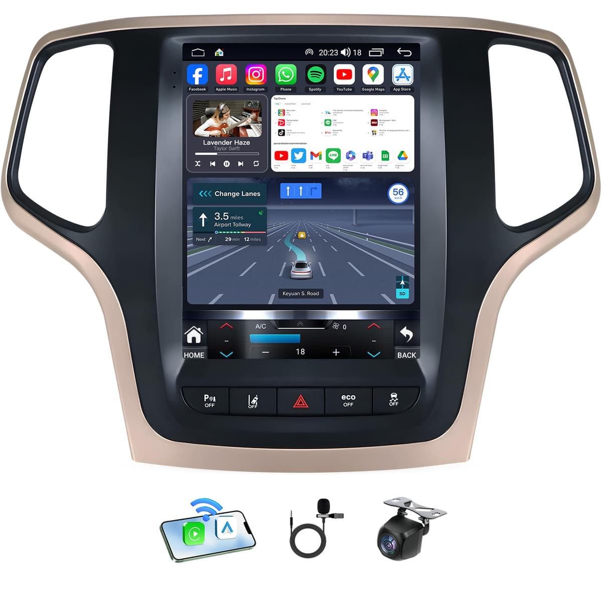 Fortdows Radio estéreo para auto 8 núcleos 6+128GB para Jeep Grand Cherokee WK2 2014-2017: Pantalla táctil HD de 10.1" CarPlay/Android Auto inalámbrico GPS 5G WiFi 4G LTE Bluetooth 5.0 Cámara 1080p SWC FM/AM Unidad principal