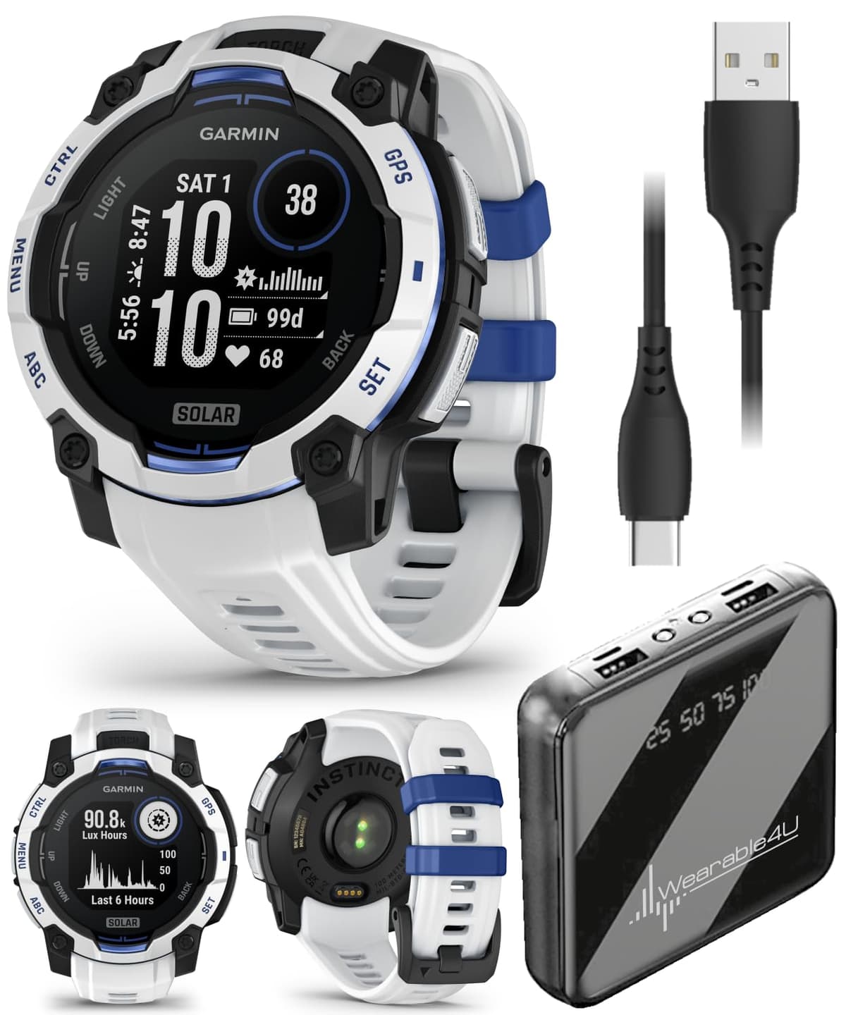 Wearable4U Garmin Instinct 3 Rugged Outdoor GPS Smartwatch - 45mm Solar, Colección Supernova, Edición Limitada, Seguimiento de Salud y Fitness, Linterna Integrada, Whitestone/Bolt Blue con Paquete PowerBank