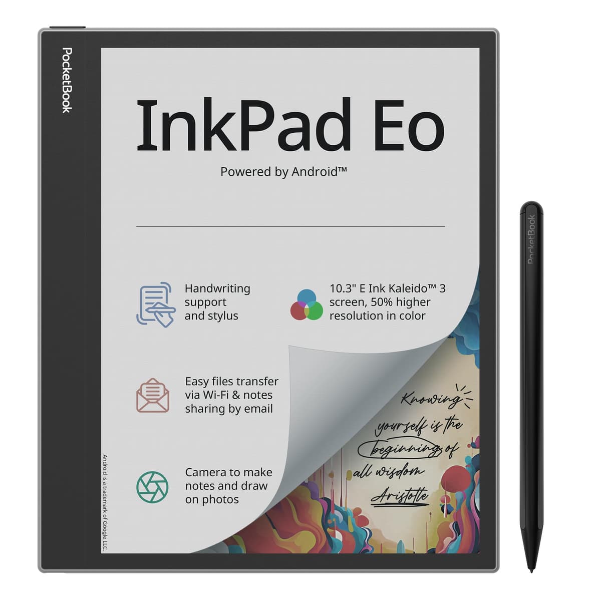 PocketBook InkPad Eo | Pantalla E Ink Kaleido 3 a color de 10.3" | Escritura a mano y lápiz óptico | Compartir notas fácilmente | Android 11 | Cámara para notas sobre fotos | Bluetooth y altavoz integrado | Audiolibros | SMARTlight PB1042-M-WW