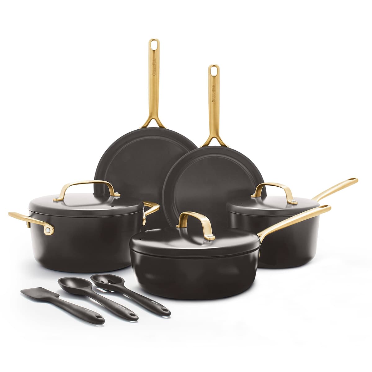 GreenPan GP5 Juego de 14 piezas de ollas y sartenes para cocinar, cerámica anodizada dura antiadherente sin PFAS, apto para inducción, resistente a rayaduras, mangos tono dorado, superficie de mantenimiento plana, apto para lavavajillas y horno, negro CC006921-001