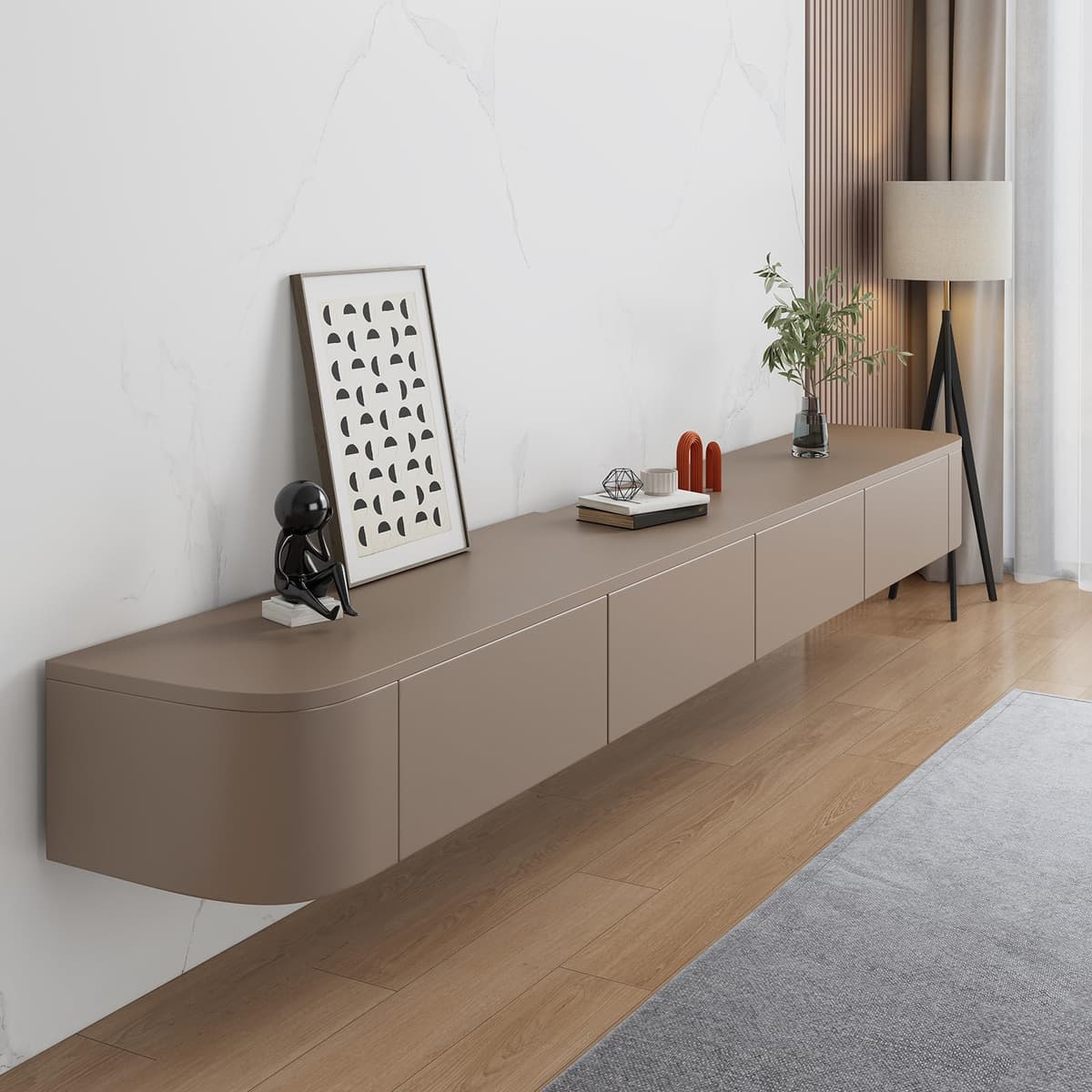 Mueble TV flotante HZAPFUE con 2 cajones, estante de pared para audio/video (Caqui, 118.11x7.87x9.45IN) HYX US