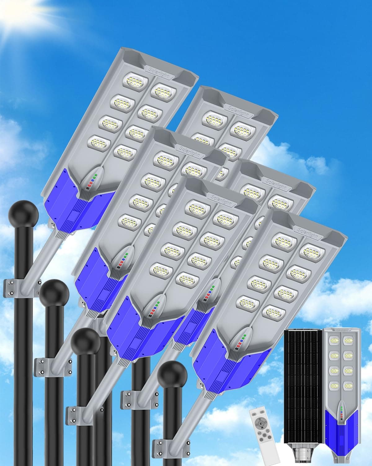AIKVSXER S-12000W Luces Solares para Calles al Aire Libre, 6500K Comercial Crepúsculo a Amanecer para Estacionamiento, Luces de Inundación Solares de Seguridad Impermeables IP67 con Sensor de Movimiento y Control Remoto para Calle, Carretera, Patio, Paquete de 6 U-SL1-B-6P