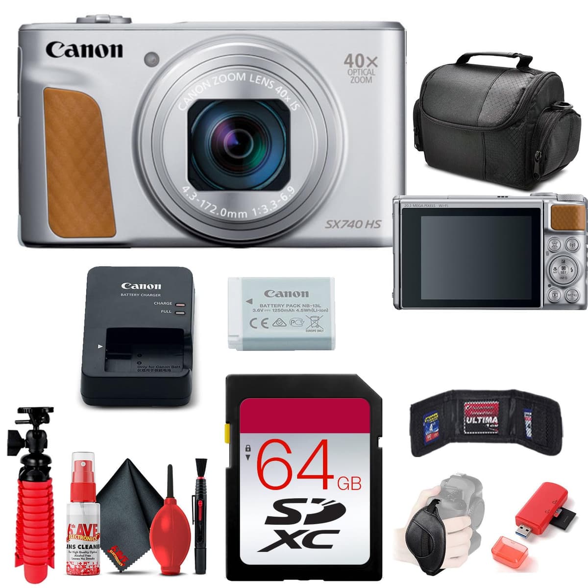 Cámara digital Canon PowerShot SX740 HS (Plata) (2956C001) + Tarjeta de memoria de 64 GB + Lector de tarjetas + Funda blanda de lujo + Trípode flexible + Correa de mano + Funda para tarjetas + Kit de limpieza (Reacondicionado) 2956C001_EDIV_1-RE