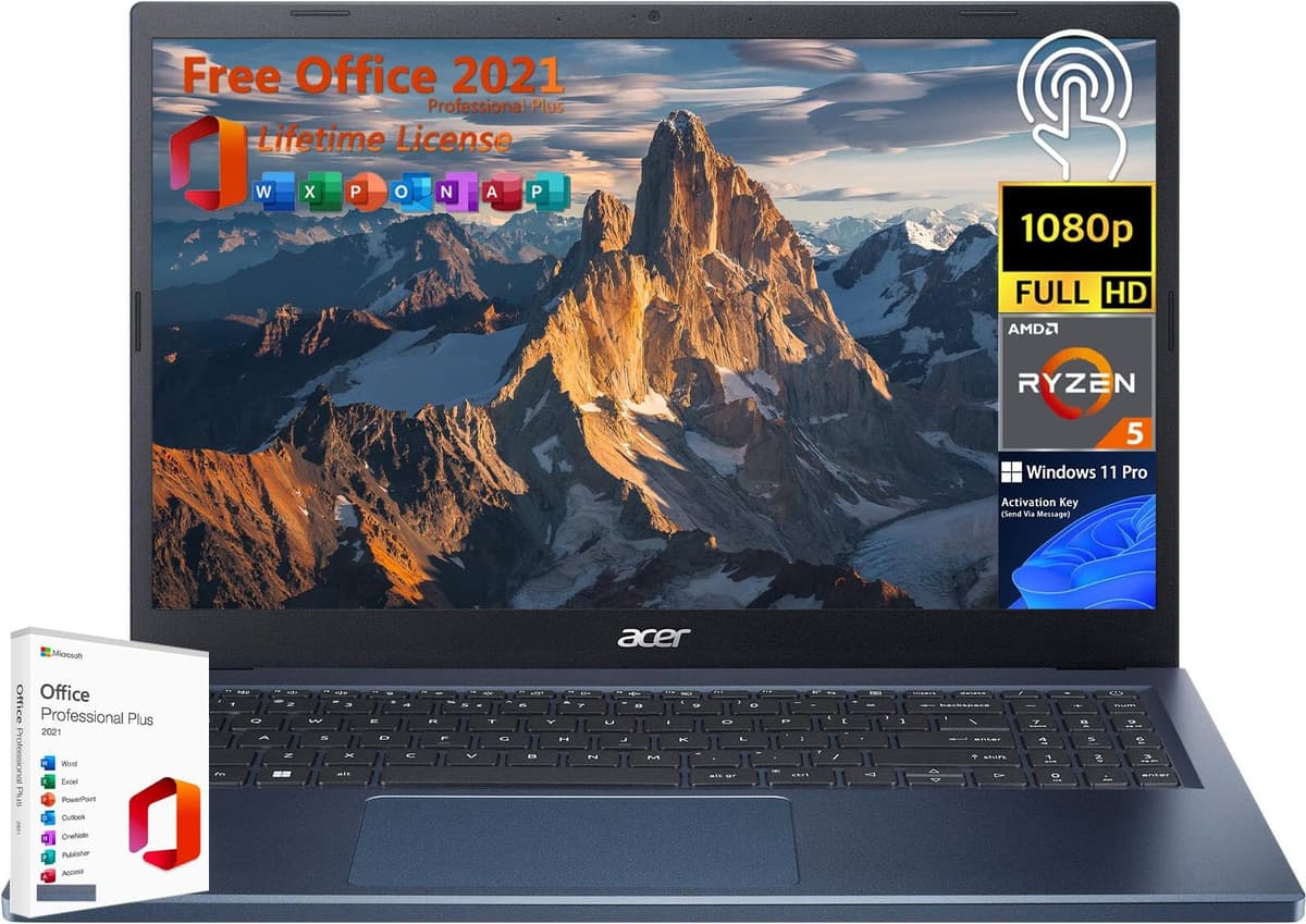 Acer Aspire 3 con pantalla táctil - con licencia perpetua de Microsoft Office y Windows 11 Pro, pantalla FHD de 15.6", AMD Ryzen 5 7520U, 8GB DDR5 RAM, 512GB SSD, Wi-Fi 6, HDMI, portátil para negocios y estudiantes acer Aspire Laptop
