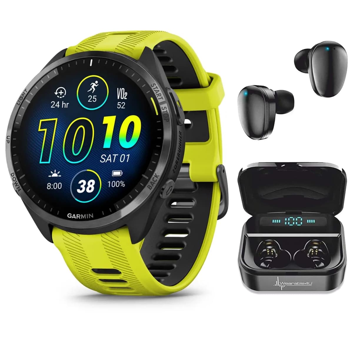 Wearable4U - Garmin Forerunner 965 Premium GPS para correr y triatlón 47 mm smartwatch con pantalla táctil AMOLED, bisel de titanio DLC gris carbón y correa de silicona amarilla + paquete con audífonos negros TWS X7/X7-1