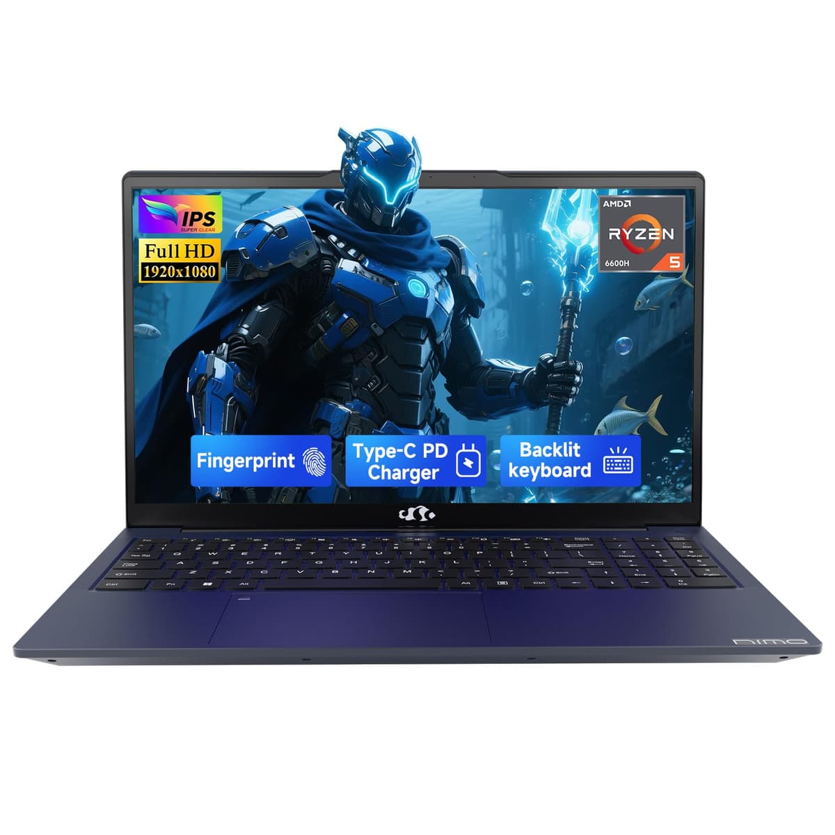 NIMO Laptop para Gaming 15.6" IPS FHD, AMD Ryzen 5 6600H, 16GB DDR5, 512GB SSD (Mejor que i5-1335U, 6 núcleos hasta 4.5GHz), GPU AMD Radeon 660M, USB-C 100W, Teclado retroiluminado con lector de huellas ARN21S