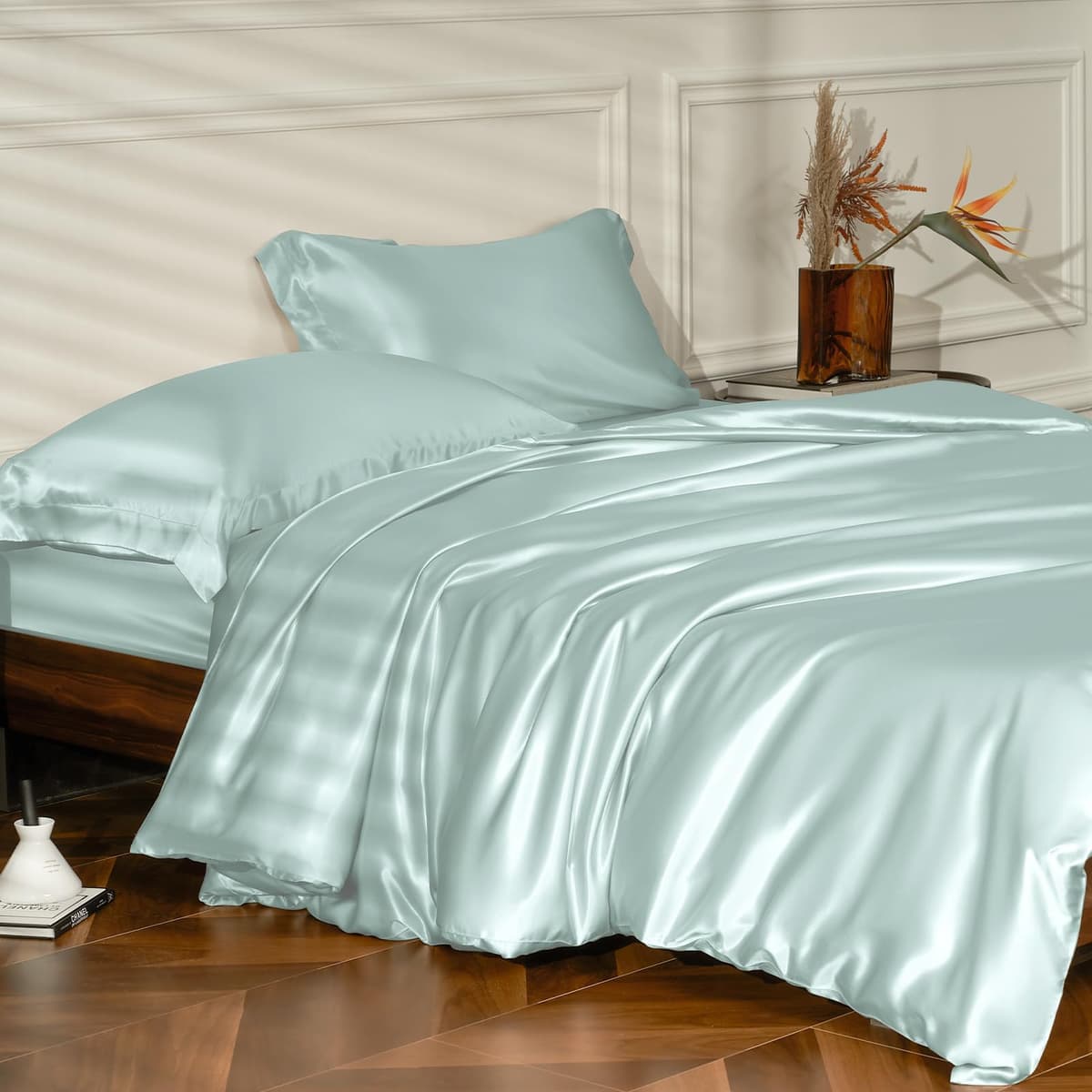 THXSILK 25 Momme Silk Duvet Cover Set 4PCS (Light Blue, Full)