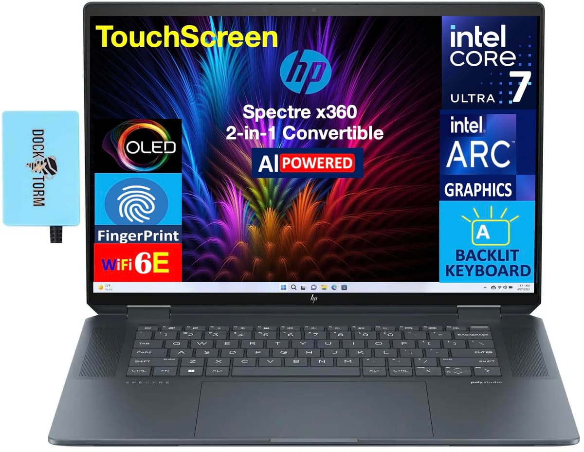 HP Spectre x360 2 en 1 con IA, pantalla táctil OLED 16.0" 2.8K (Intel Ultra 7-155H, 32 GB LPDDR5X, SSD PCIe 2 TB, teclado retroiluminado, lector de huellas, Windows 11 Pro) paquete con hub DKZ