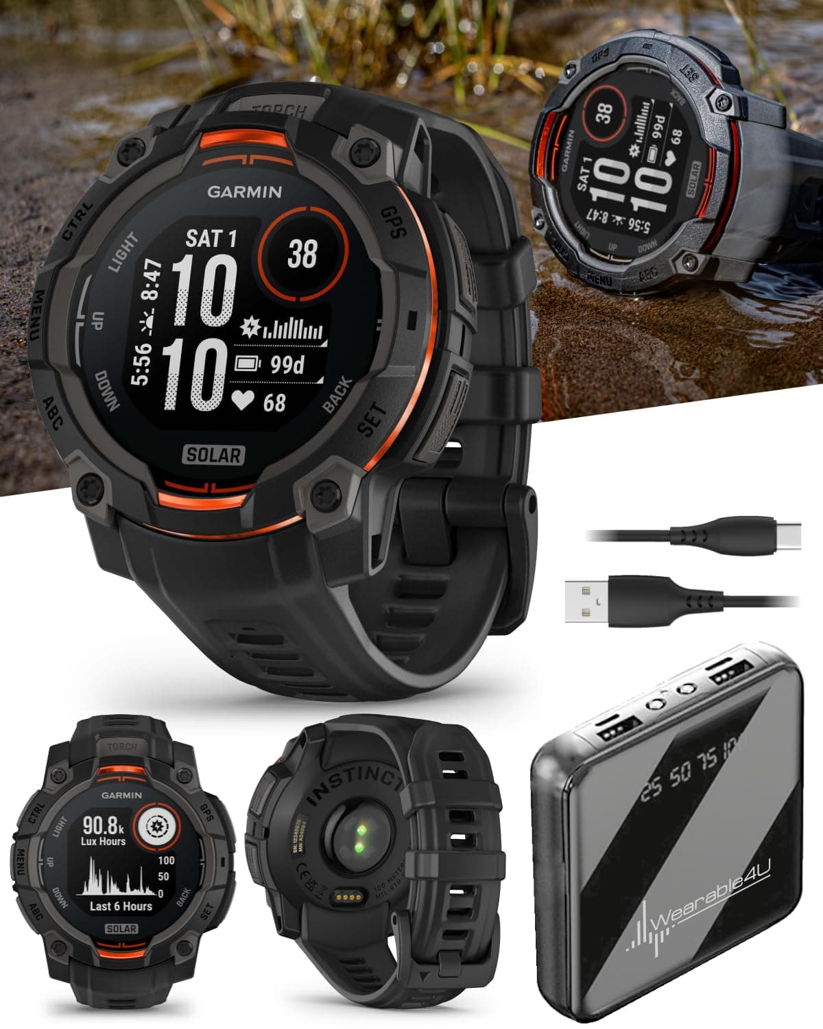 Wearable4U Garmin Instinct 3 Solar 45 mm, reloj inteligente GPS resistente para exteriores, bisel reforzado con metal, linterna incorporada, hasta 28 días de batería, negro con correa negra (paquete)